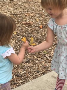Little girls exchange leaves